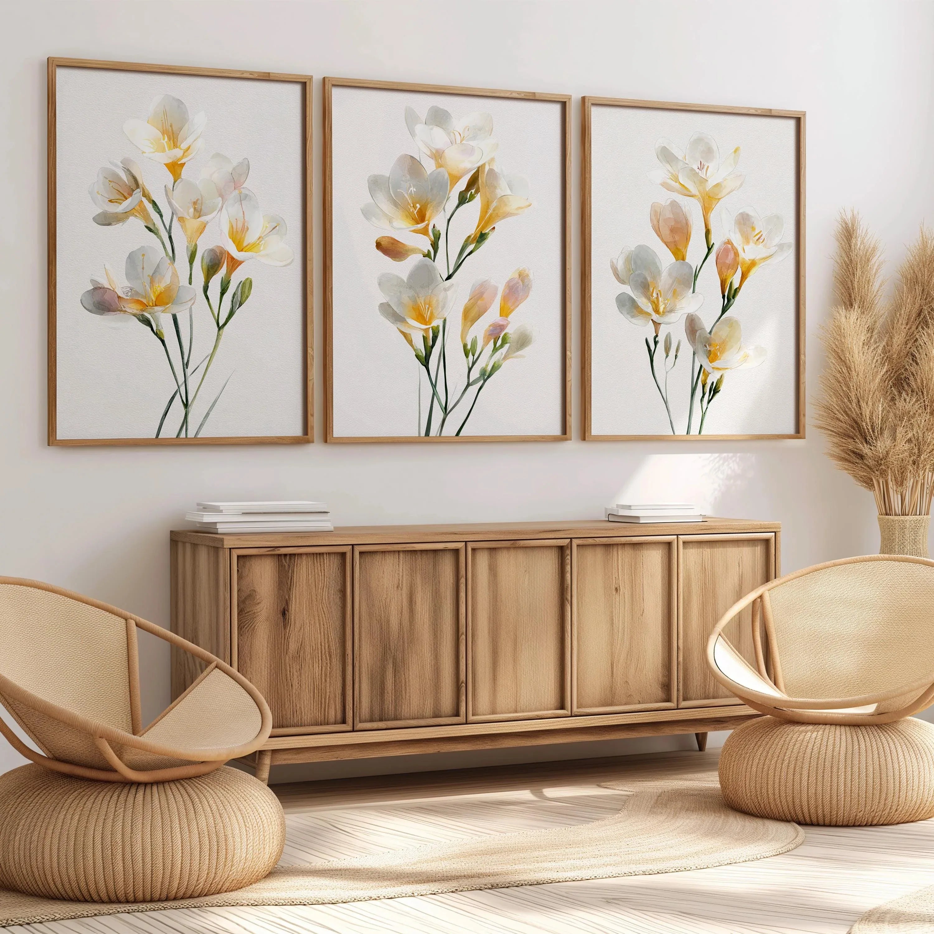 Freesia flower wall art set of 3 – yellow watercolour botanical on soft background