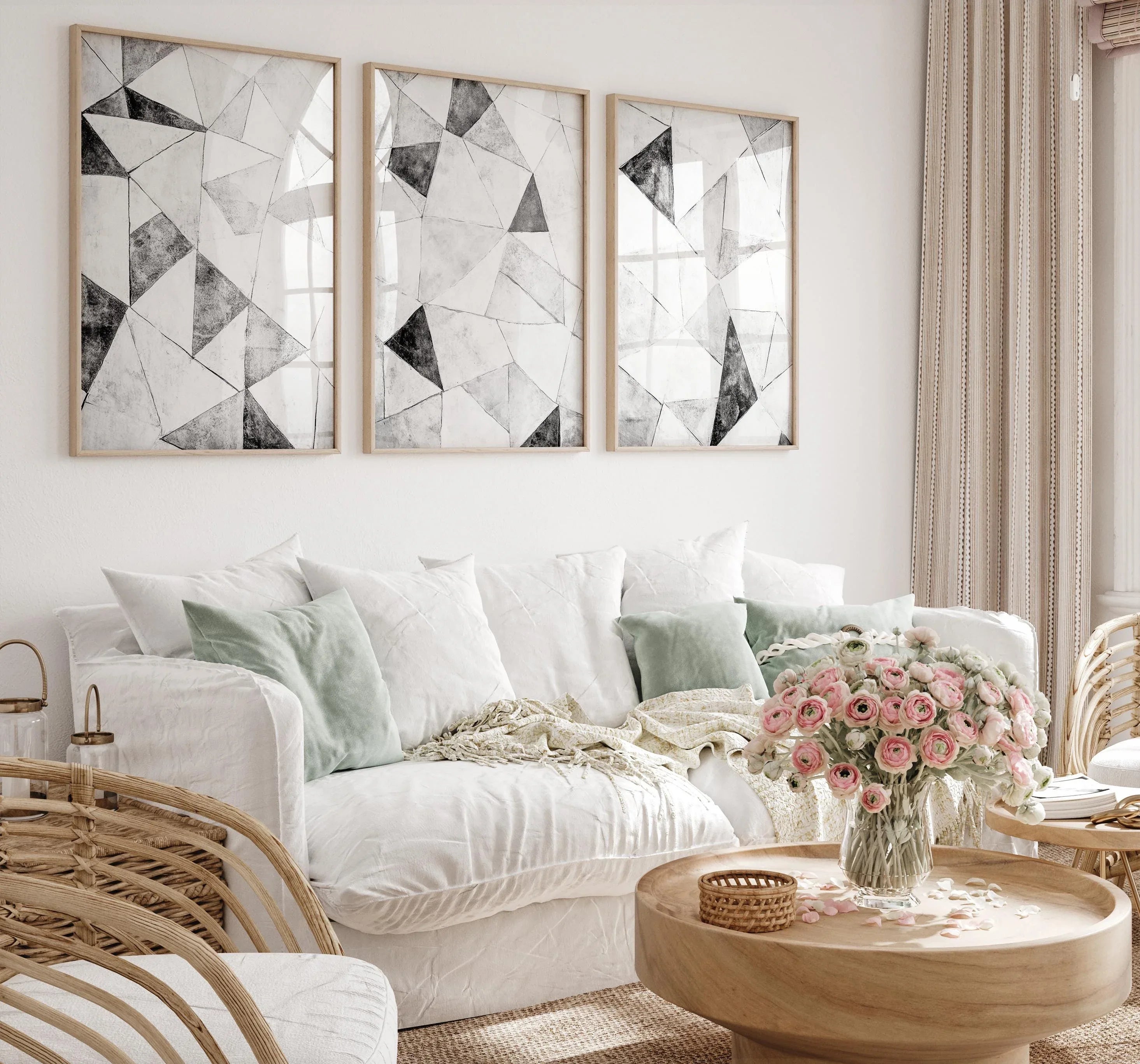 Geometric abstract triptych wall art – bold black and white minimalist patterns