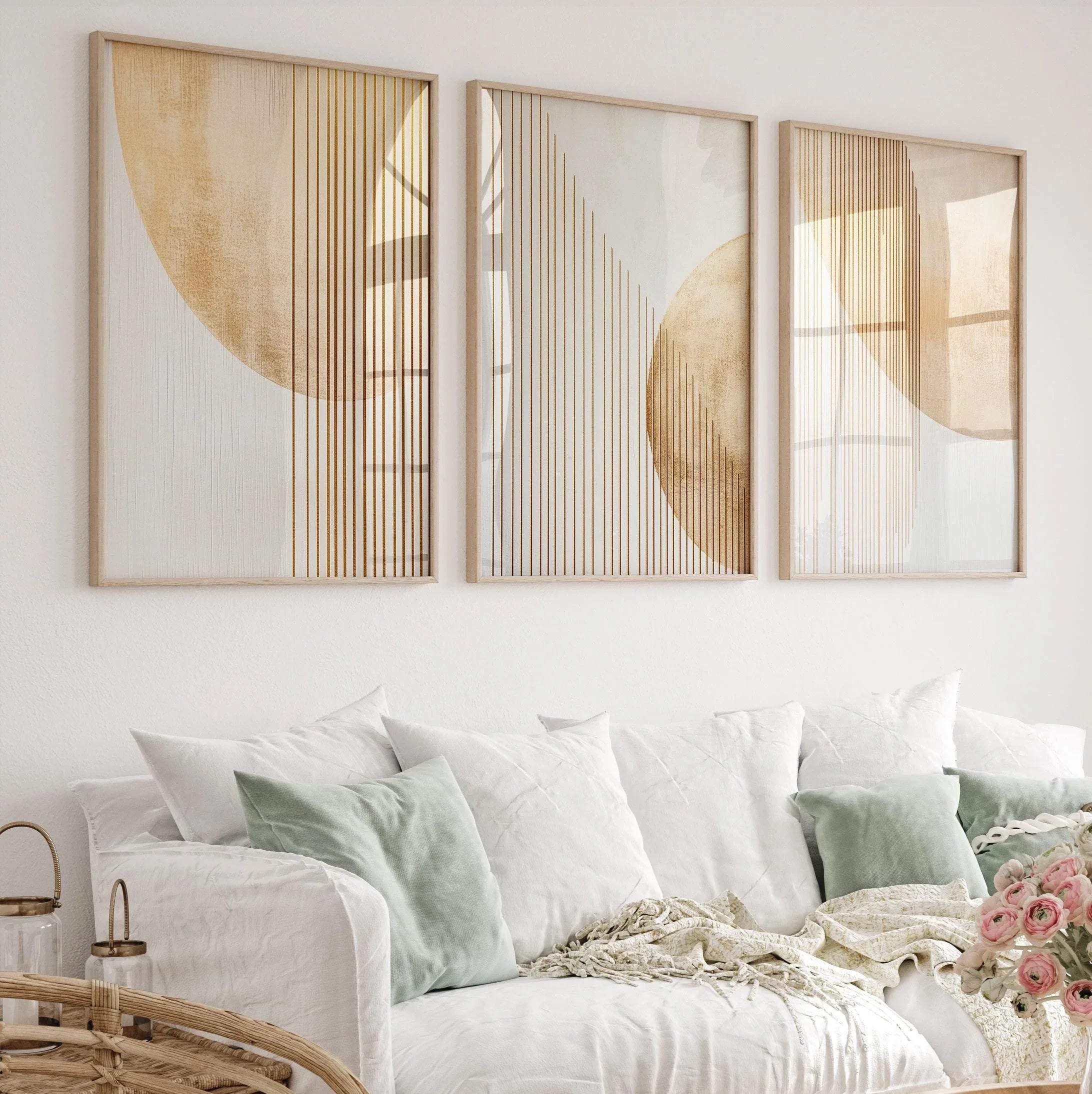 Geometric gold abstract wall art set of 3 – modern minimalist design on white
