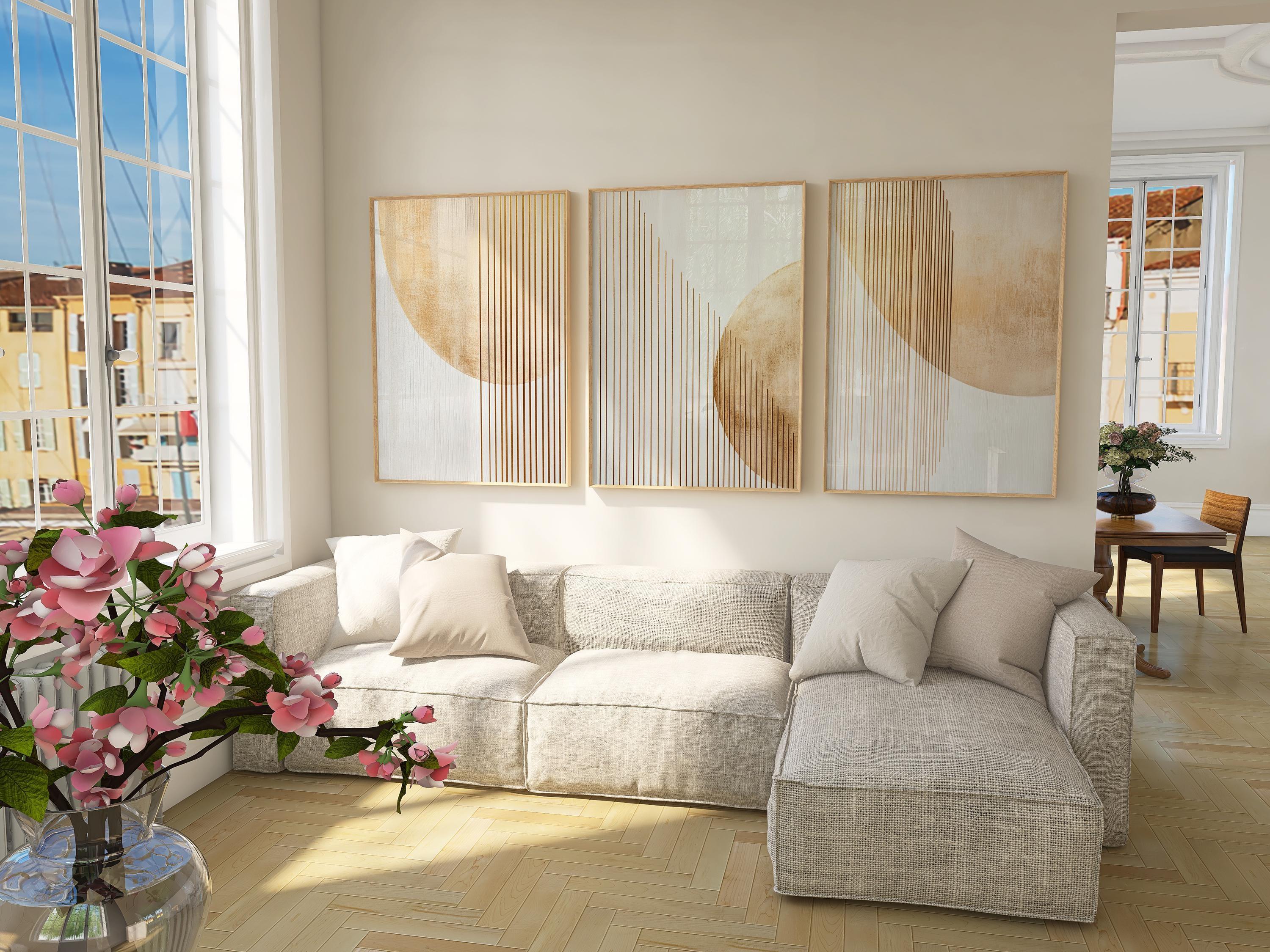 Geometric gold abstract wall art set of 3 – modern minimalist design on white