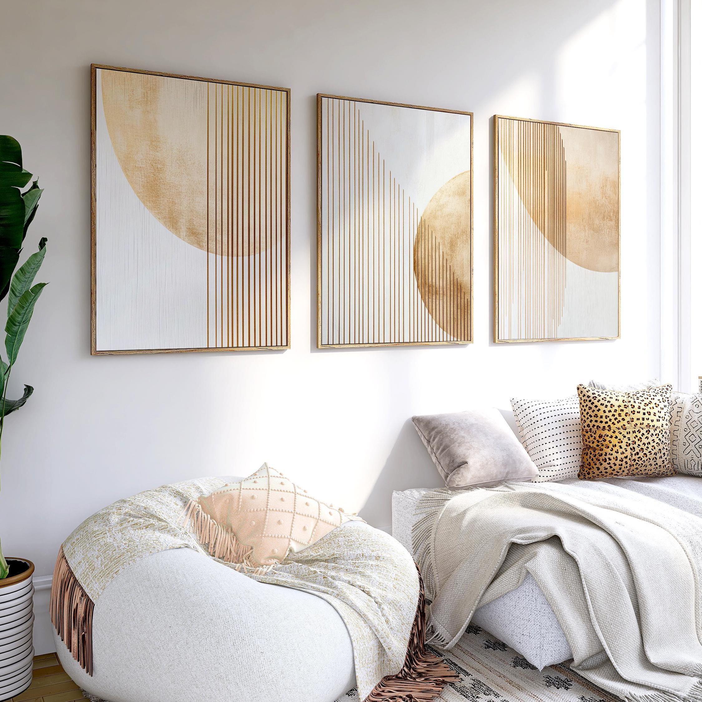 Geometric gold abstract wall art set of 3 – modern minimalist design on white