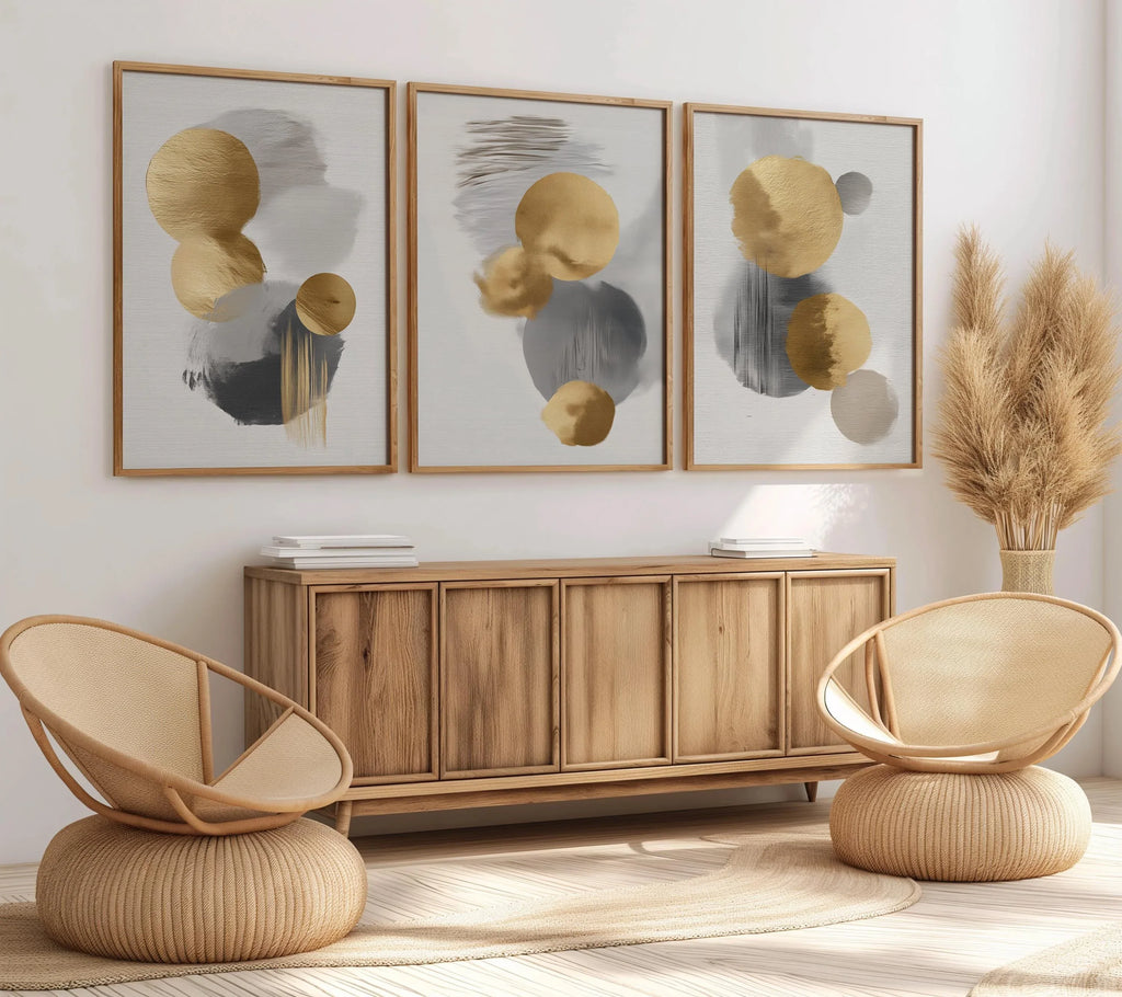 Gold and gray circle abstract triptych – modern minimalist geometric wall art