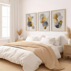 Gold and gray circle abstract triptych – modern minimalist geometric wall art