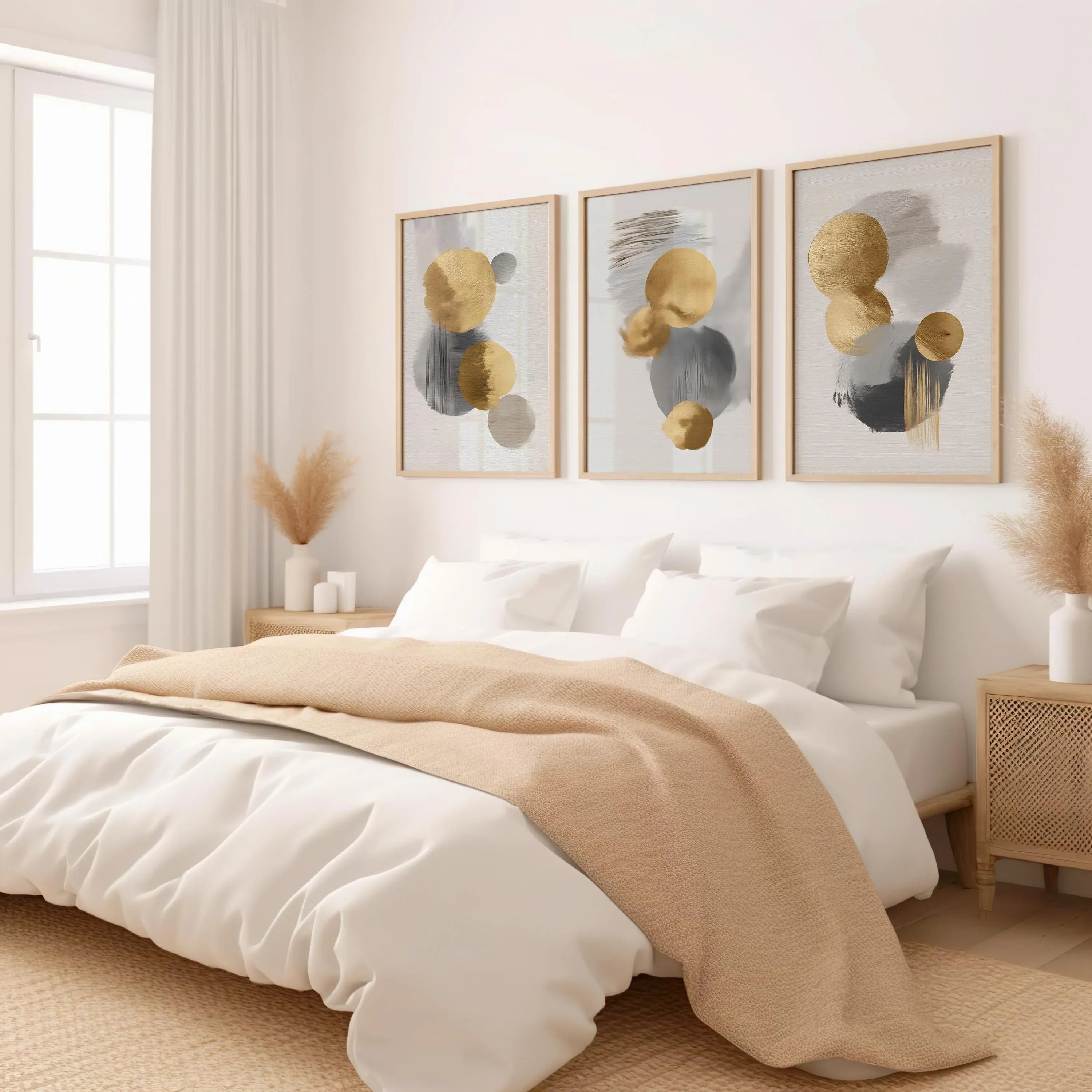 Gold and gray circle abstract triptych – modern minimalist geometric wall art