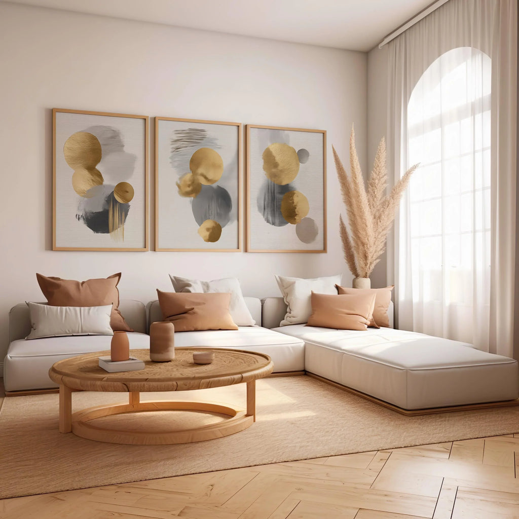 Gold and gray circle abstract triptych – modern minimalist geometric wall art