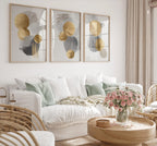 Gold and gray circle abstract triptych – modern minimalist geometric wall art