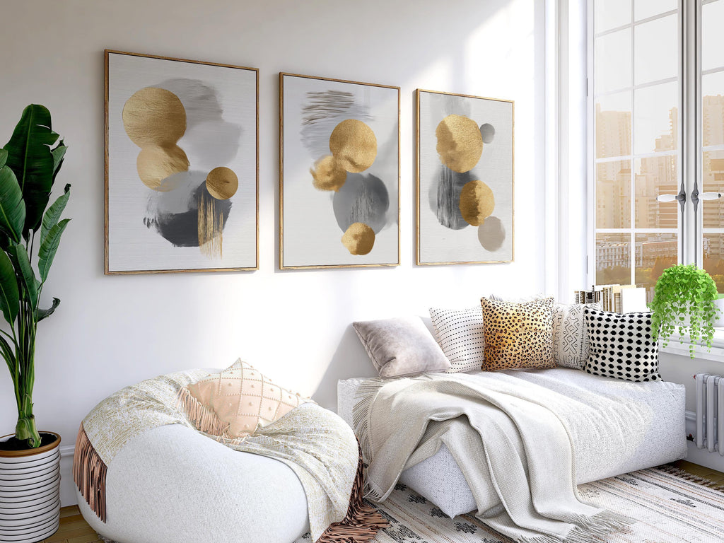 Gold and gray circle abstract triptych – modern minimalist geometric wall art