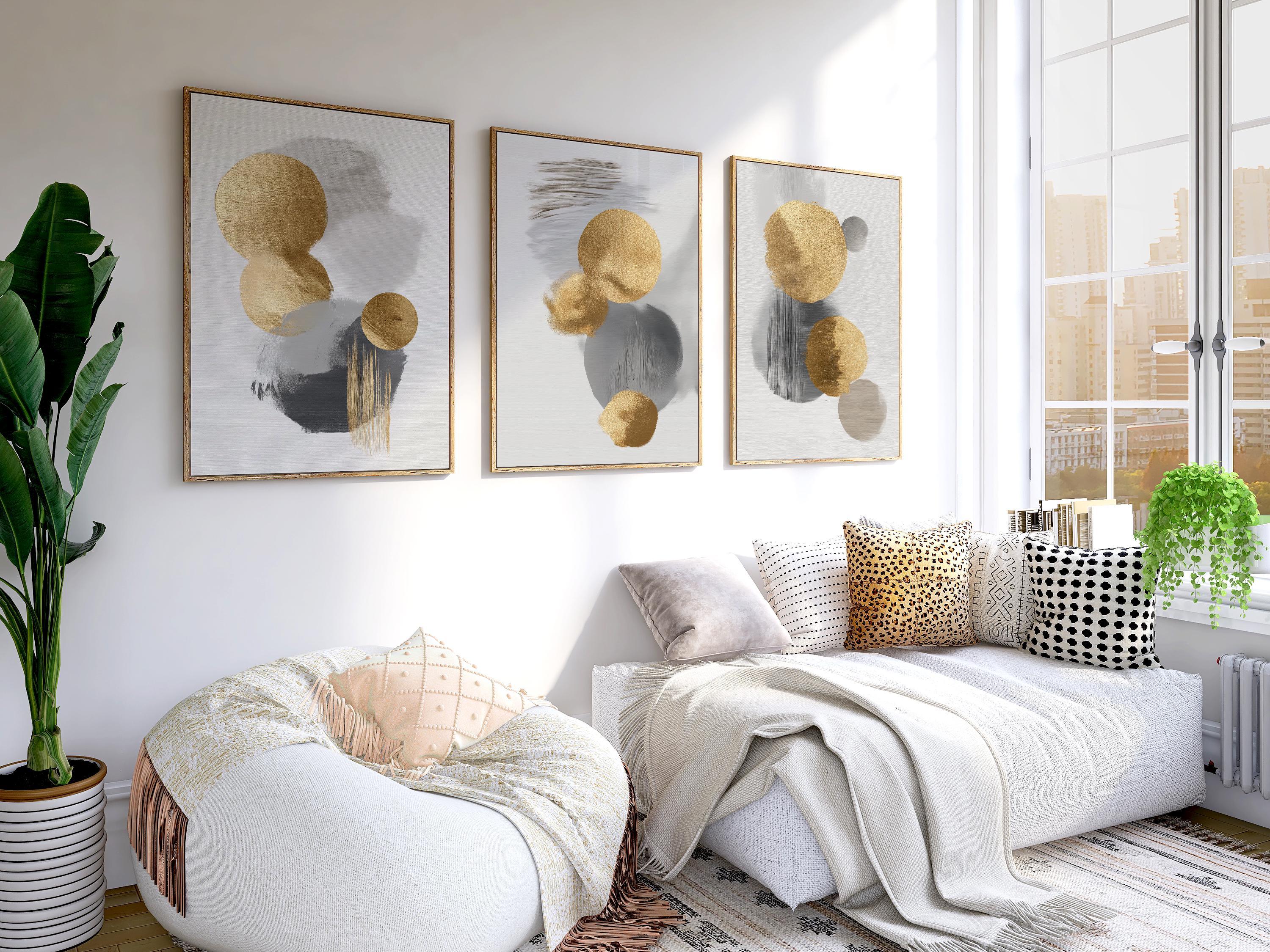 Gold and gray circle abstract triptych – modern minimalist geometric wall art