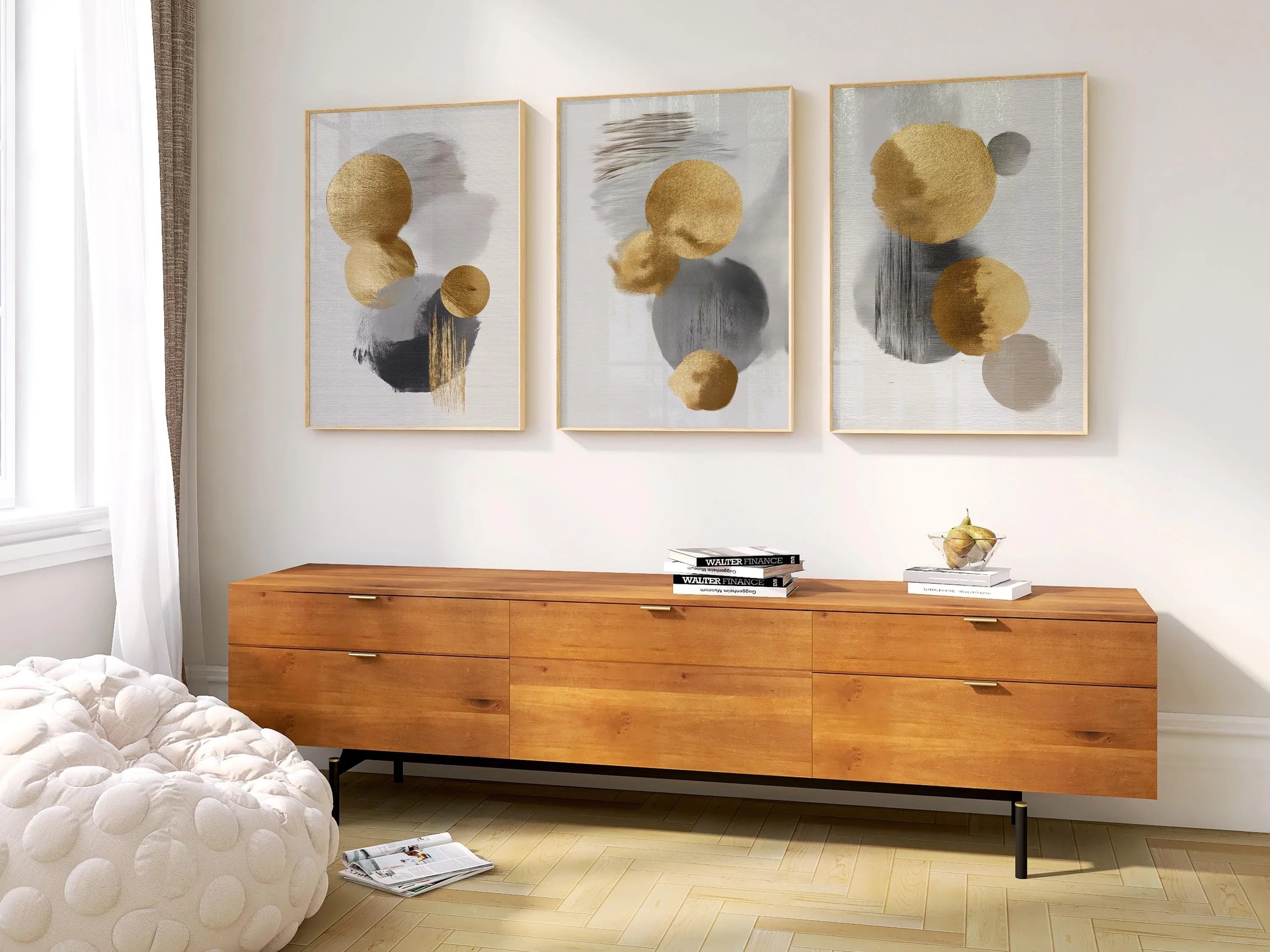 Gold and gray circle abstract triptych – modern minimalist geometric wall art