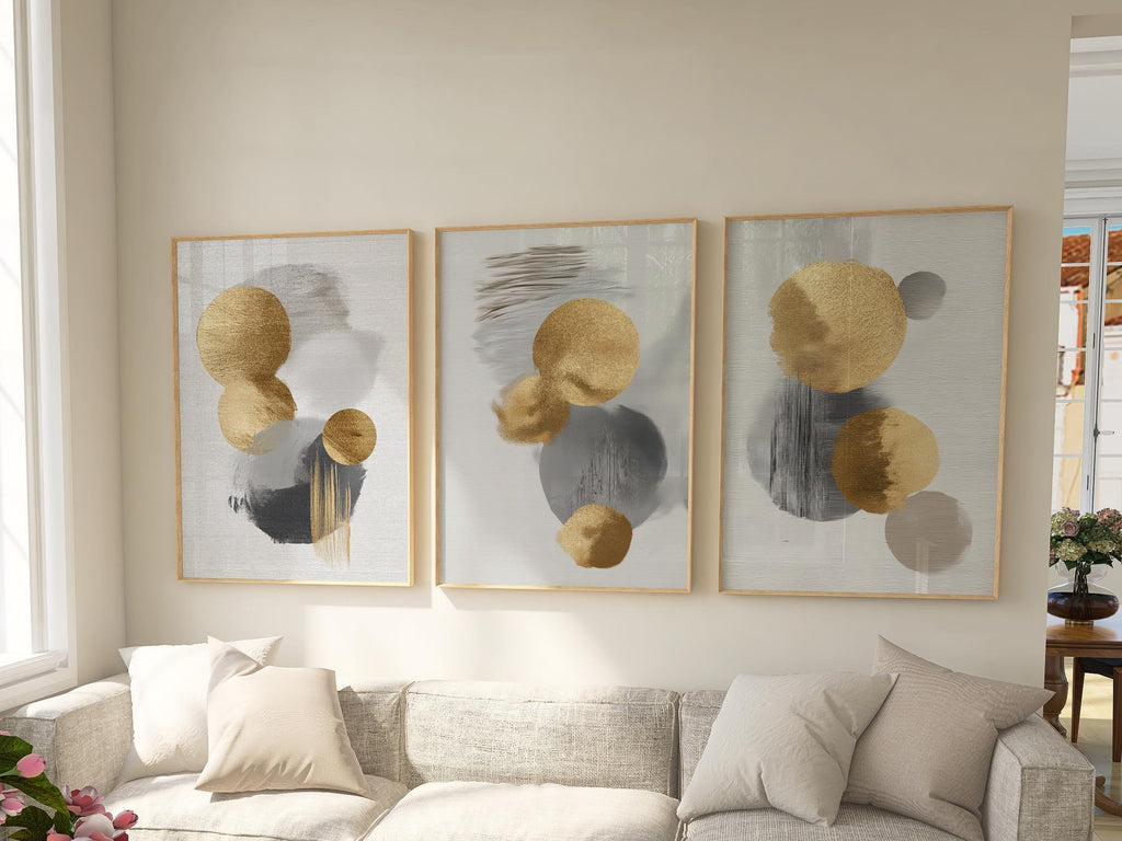 Gold and gray circle abstract triptych – modern minimalist geometric wall art