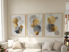 Gold and gray circle abstract triptych – modern minimalist geometric wall art