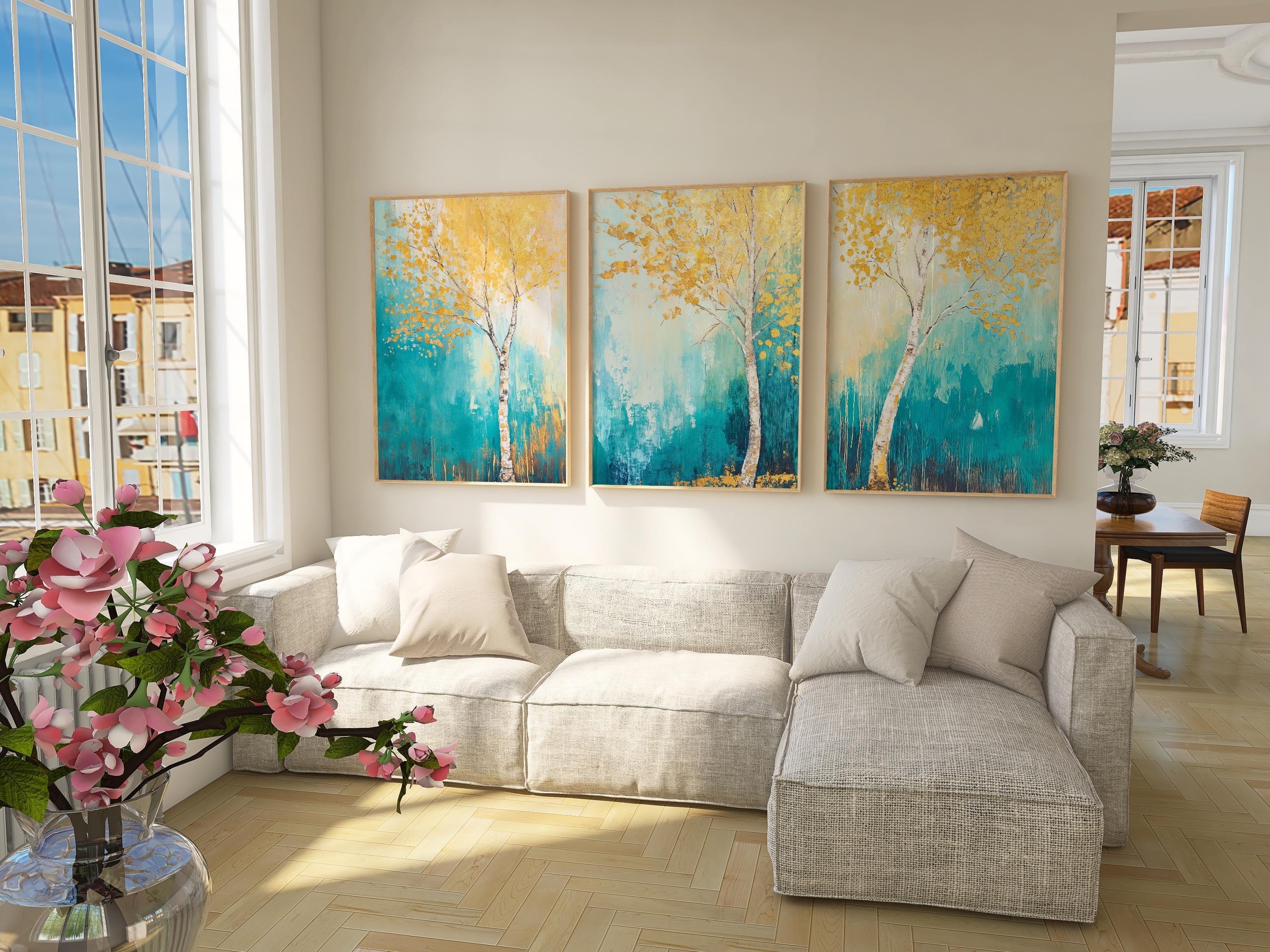 Golden birch tree triptych wall art – abstract teal and gold nature scene