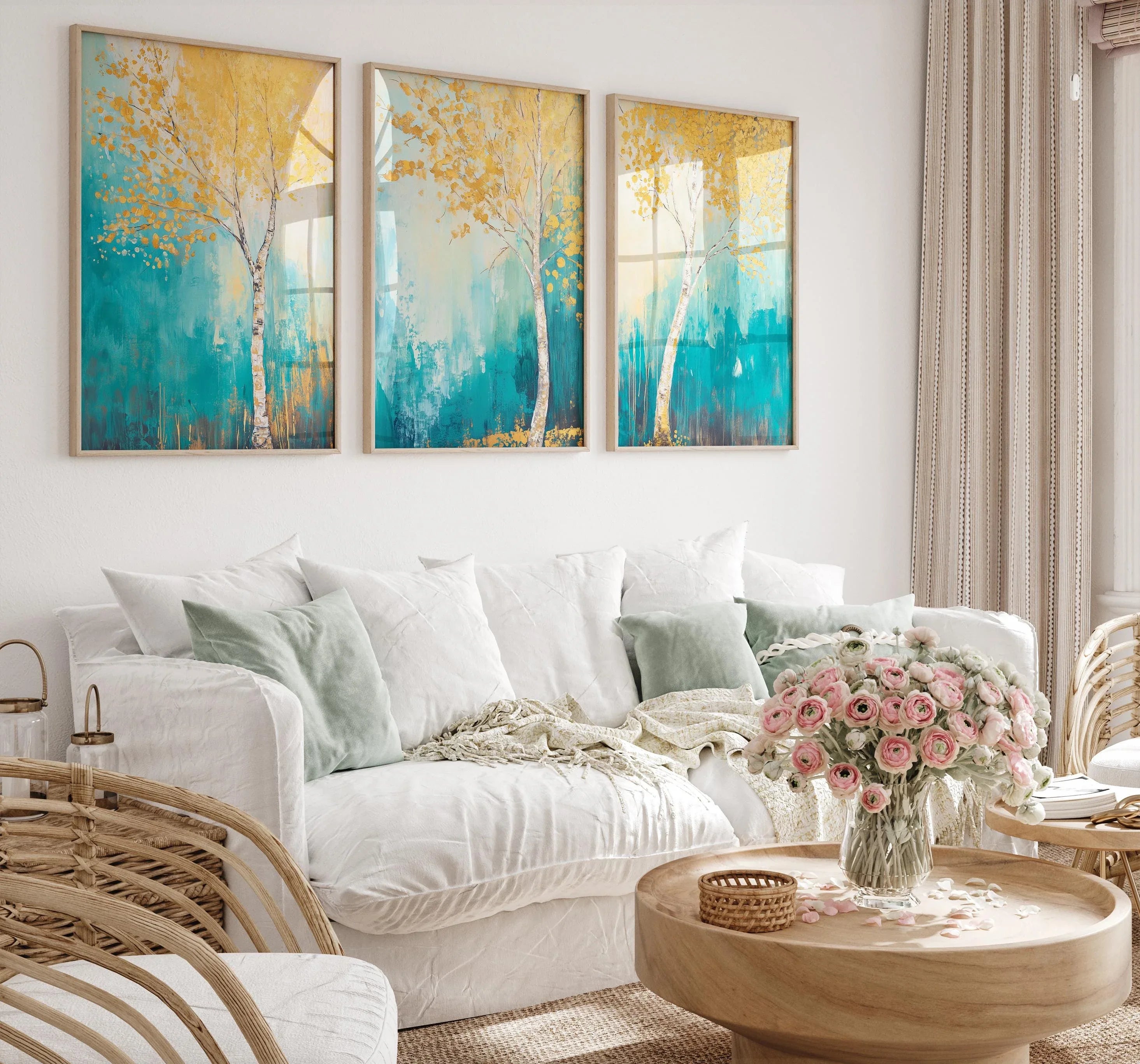 Golden birch tree triptych wall art – abstract teal and gold nature scene