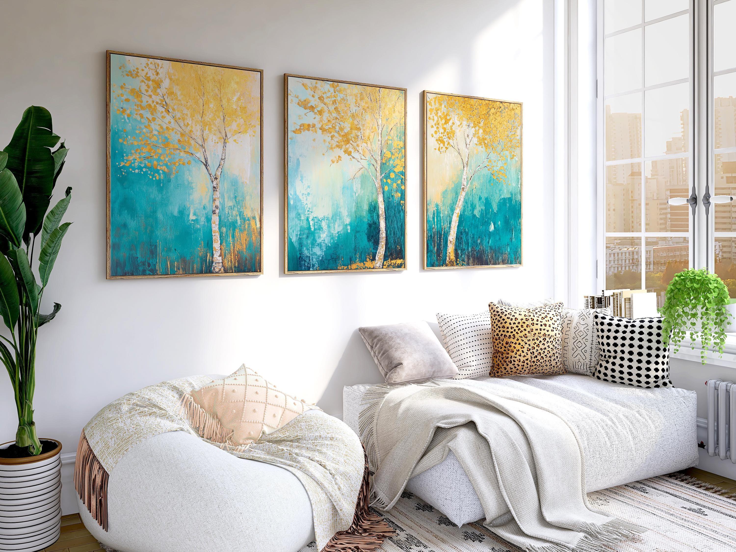 Golden birch tree triptych wall art – abstract teal and gold nature scene