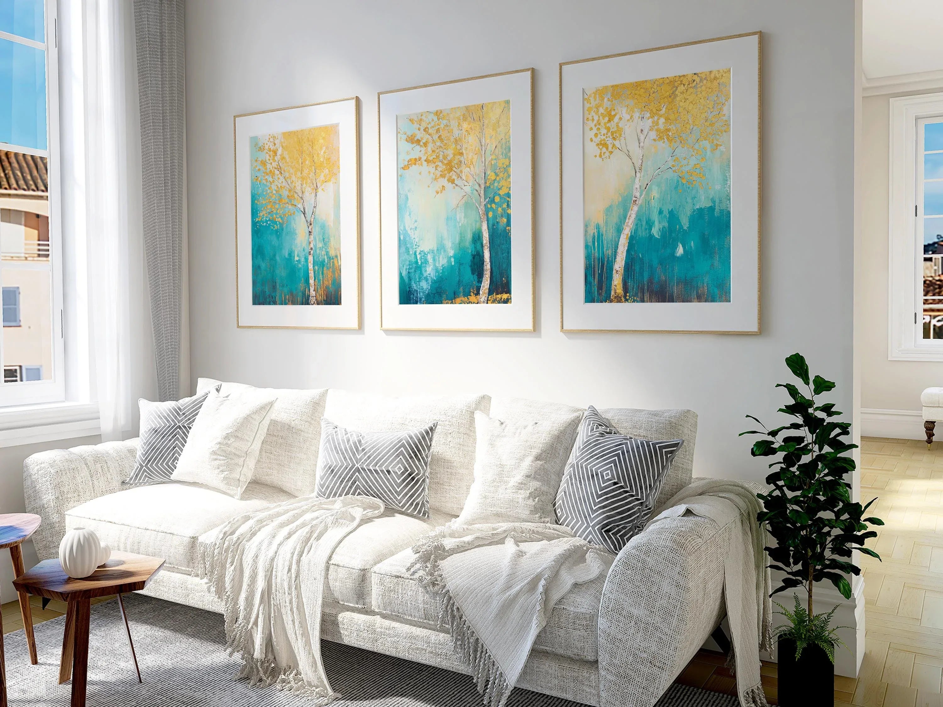 Golden birch tree triptych wall art – abstract teal and gold nature scene