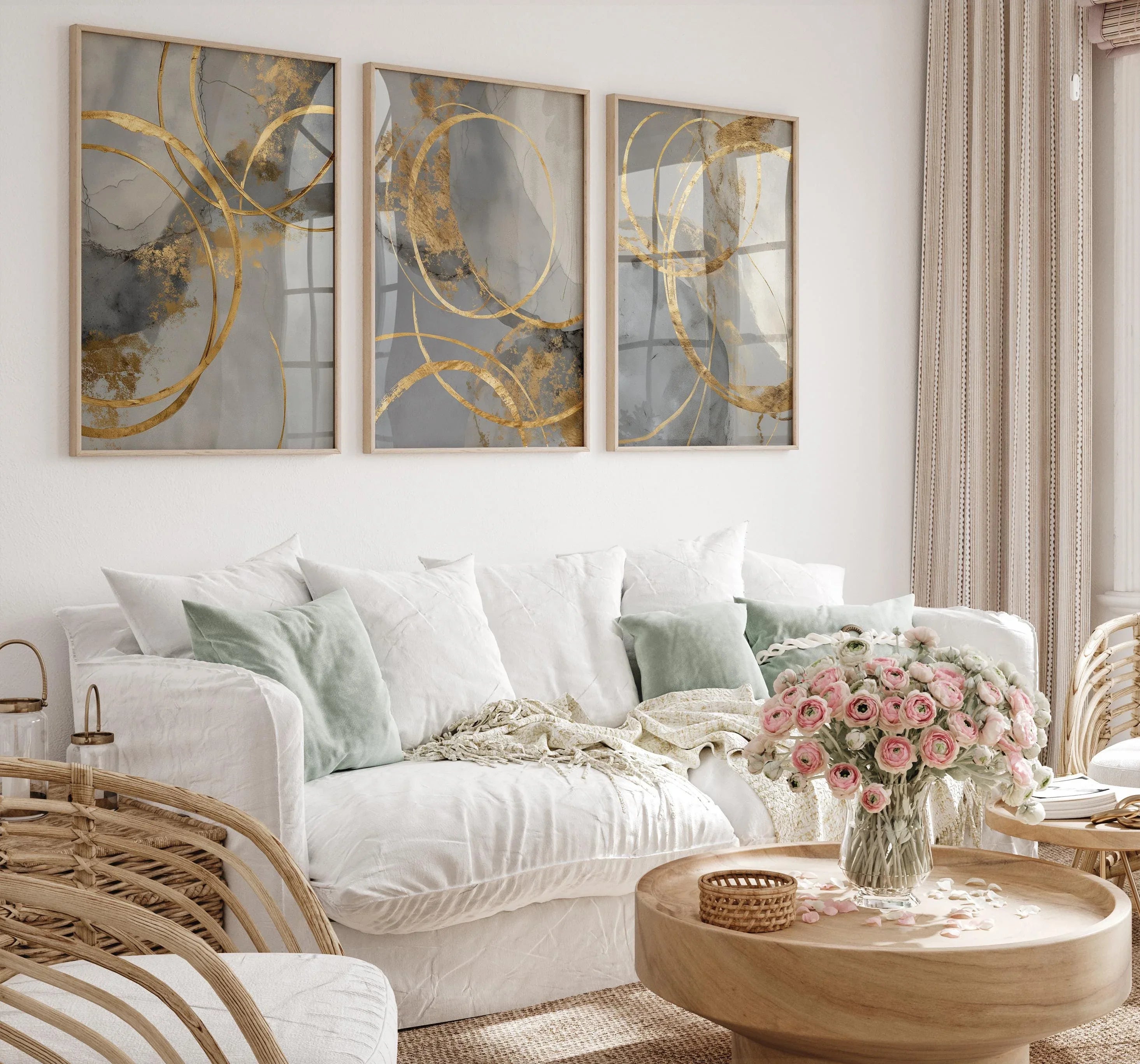 Golden circle abstractions wall art set of 3 – interlocking gold on blue-gray