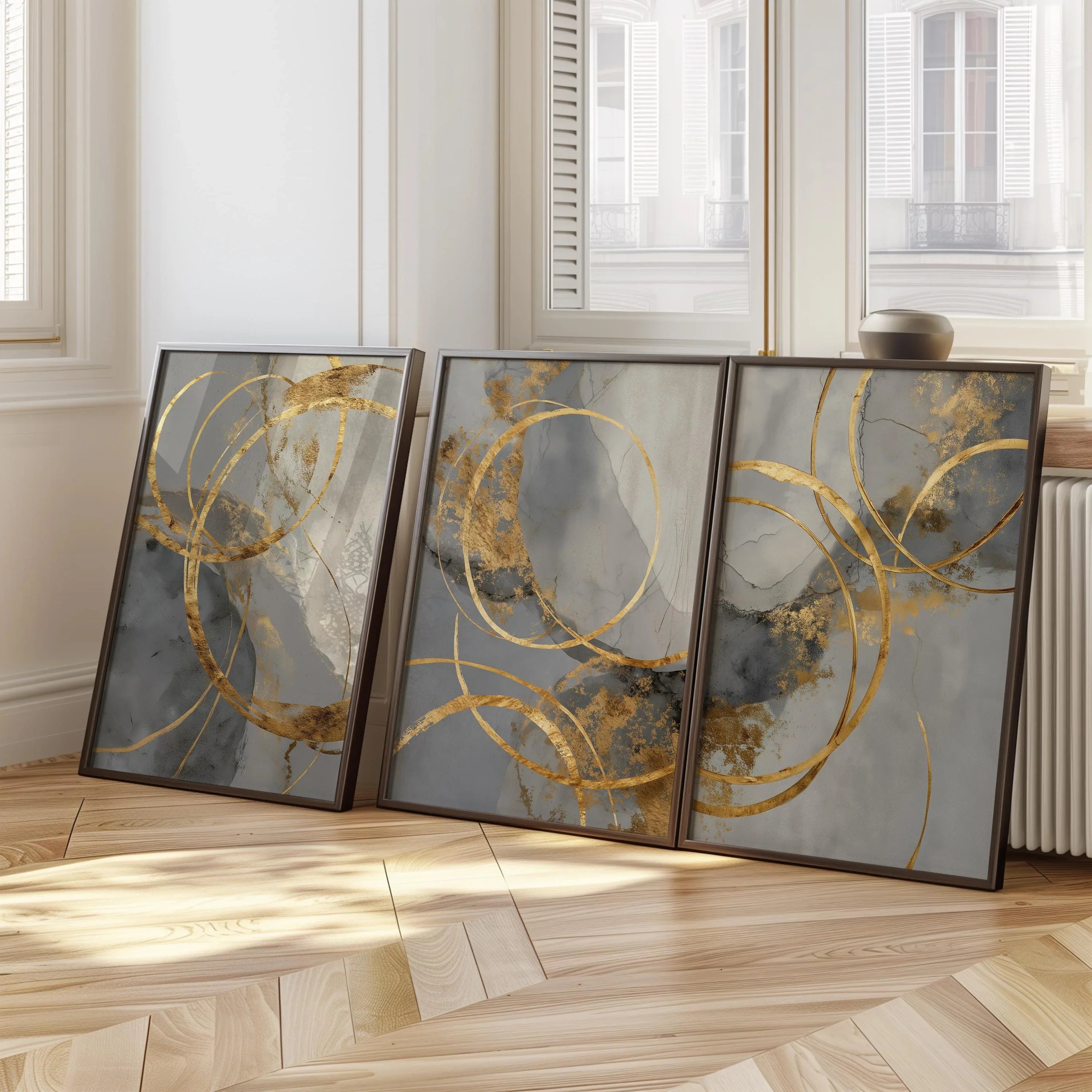 Golden circle abstractions wall art set of 3 – interlocking gold on blue-gray