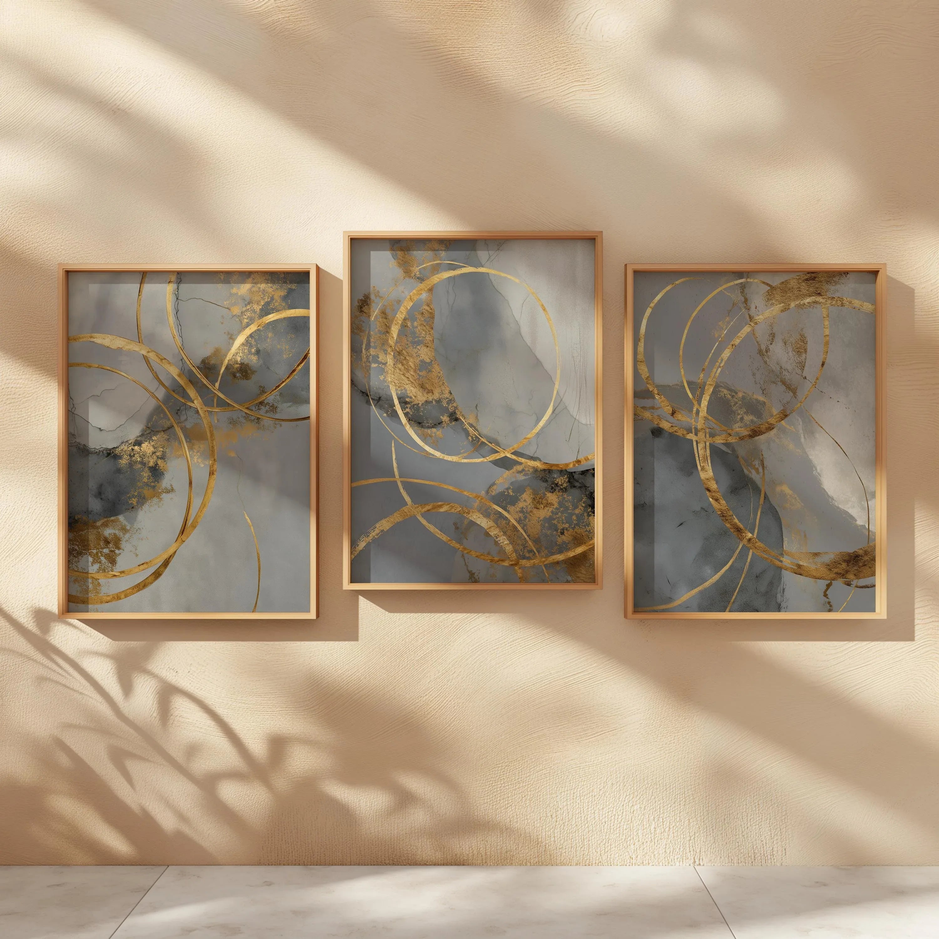 Golden circle abstractions wall art set of 3 – interlocking gold on blue-gray