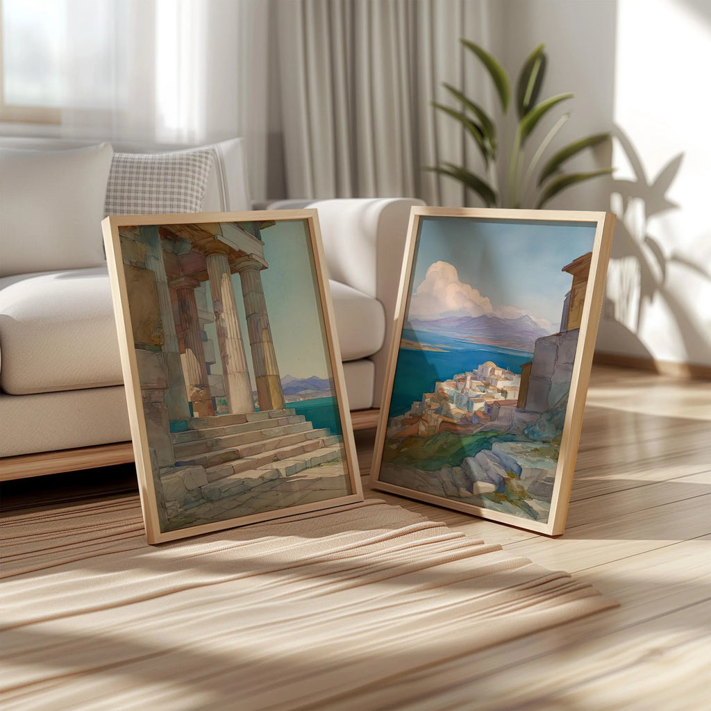 Greek coastal wall art set of 2 – Mediterranean village and temple with blue ocean