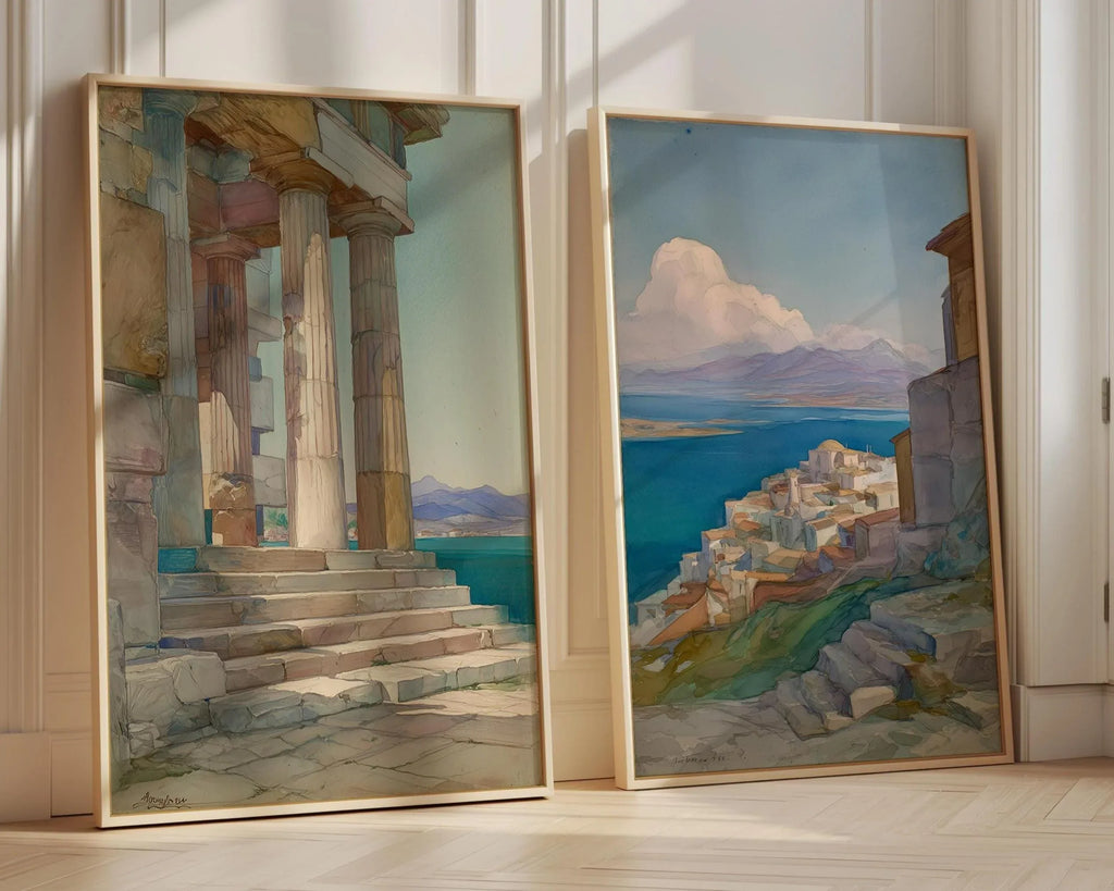 Greek coastal wall art set of 2 – Mediterranean village and temple with blue ocean