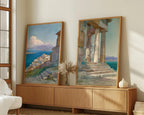 Greek coastal wall art set of 2 – Mediterranean village and temple with blue ocean