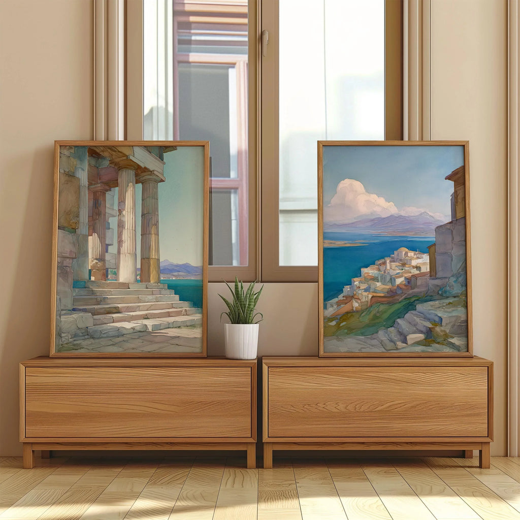 Greek coastal wall art set of 2 – Mediterranean village and temple with blue ocean