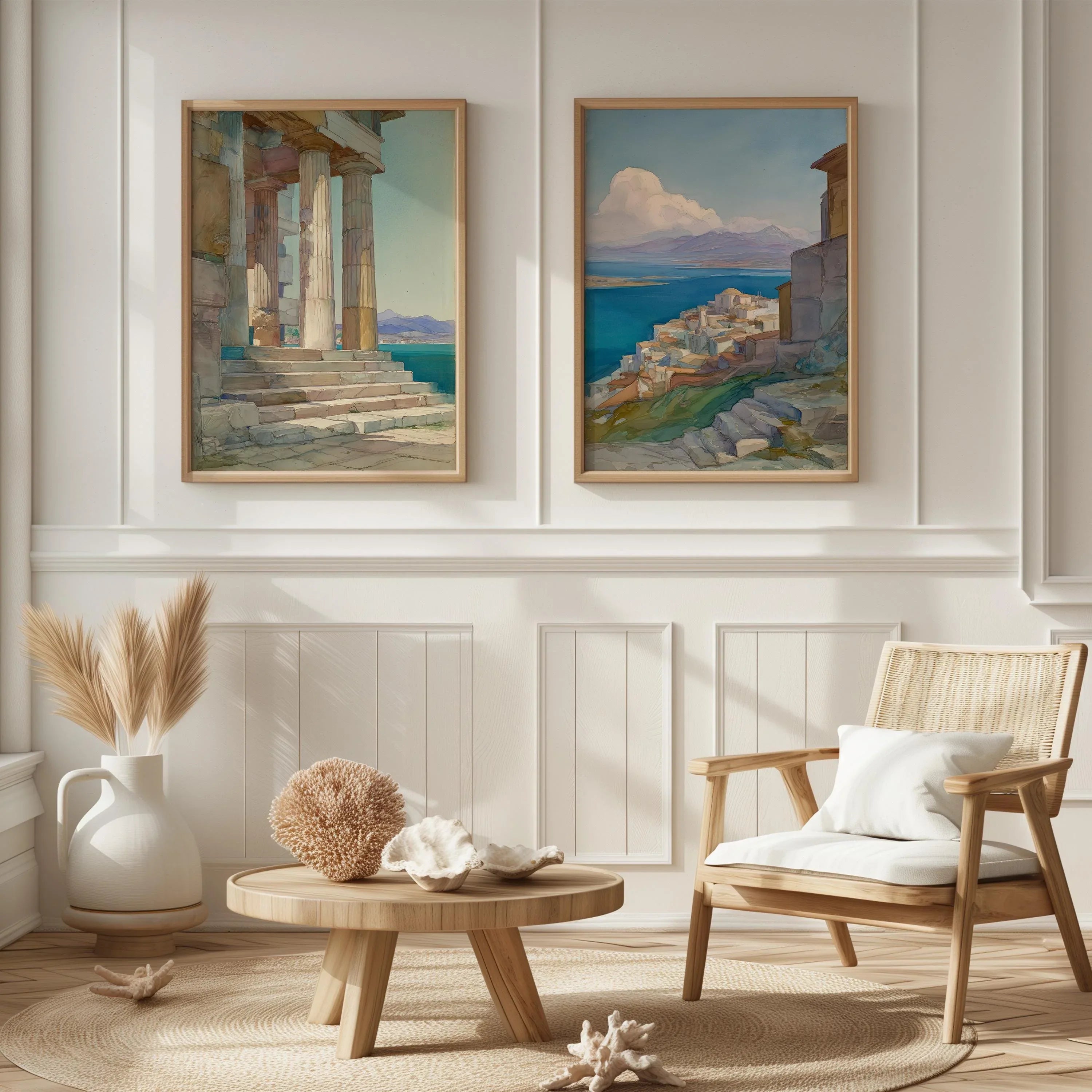 Greek coastal wall art set of 2 – Mediterranean village and temple with blue ocean