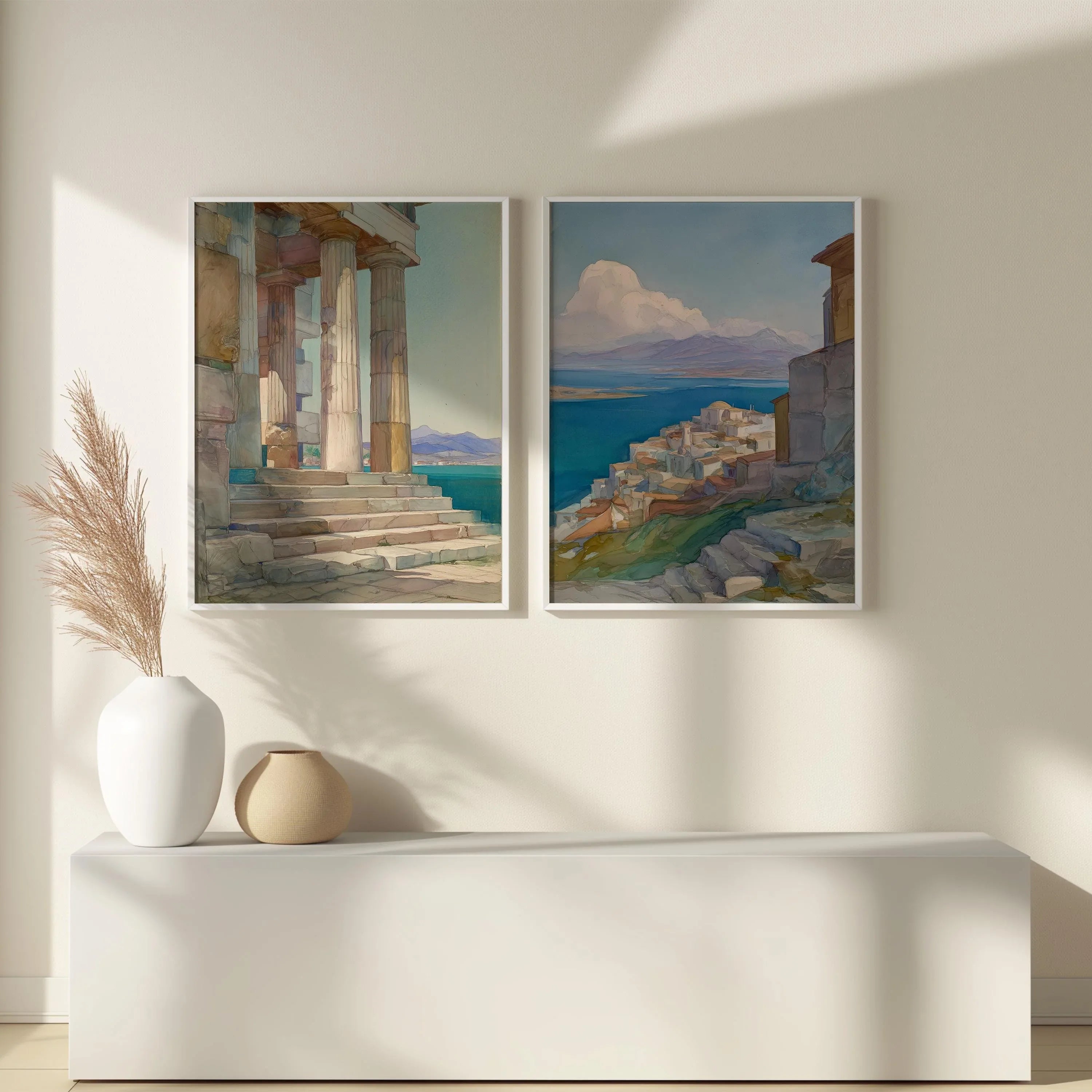 Greek coastal wall art set of 2 – Mediterranean village and temple with blue ocean