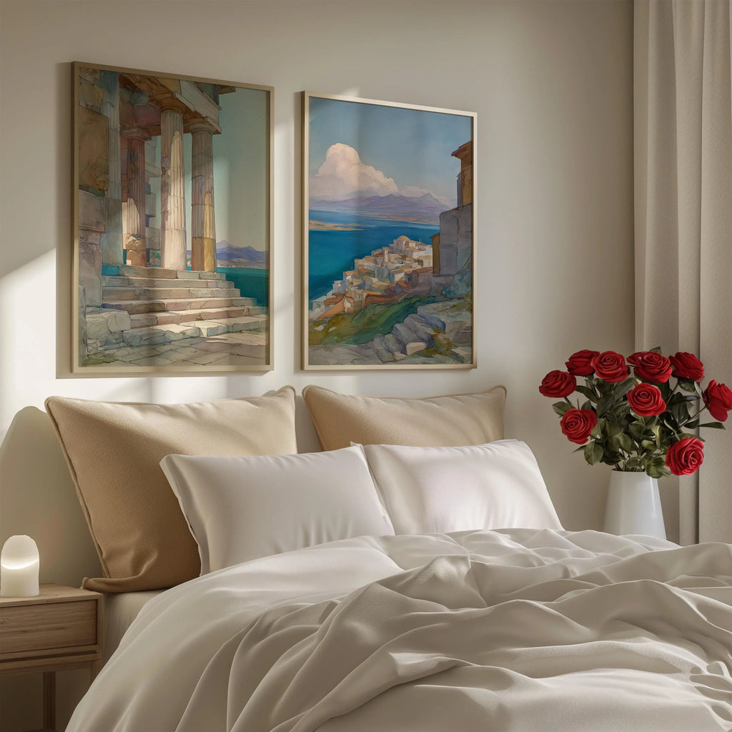 Greek coastal wall art set of 2 – Mediterranean village and temple with blue ocean