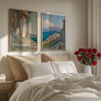 Greek coastal wall art set of 2 – Mediterranean village and temple with blue ocean