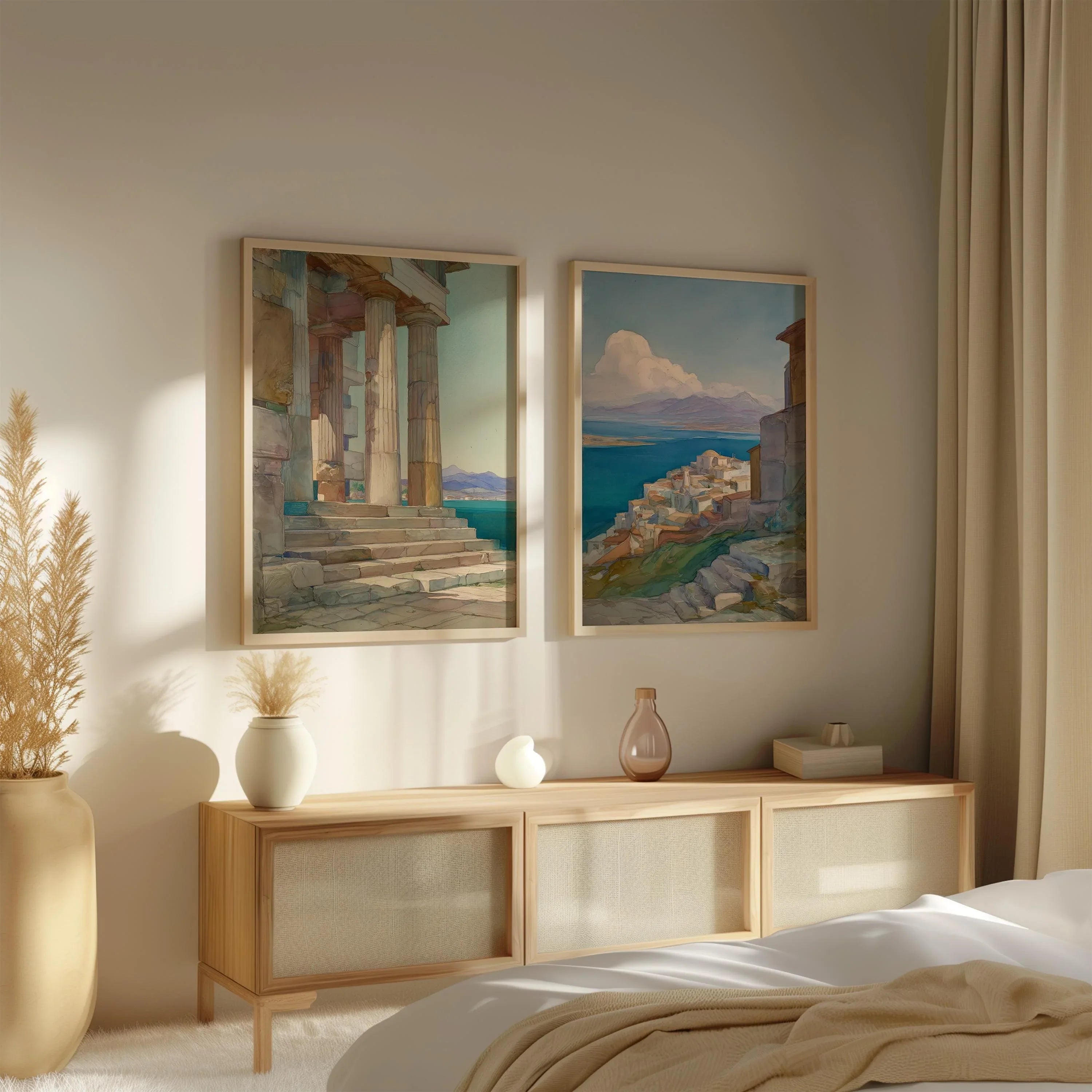Greek coastal wall art set of 2 – Mediterranean village and temple with blue ocean