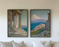 Greek coastal wall art set of 2 – Mediterranean village and temple with blue ocean