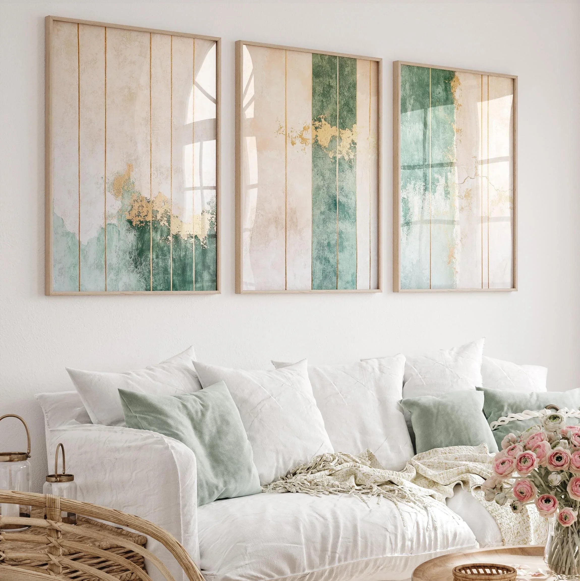 Green and gold abstract wall art set of 3 – vertical stripe design with texture