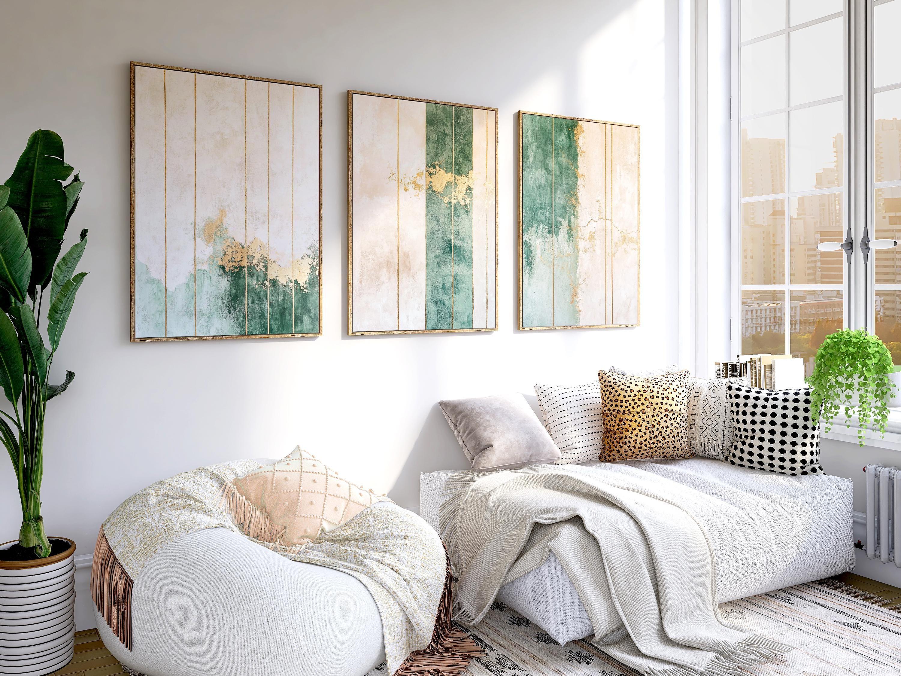 Green and gold abstract wall art set of 3 – vertical stripe design with texture