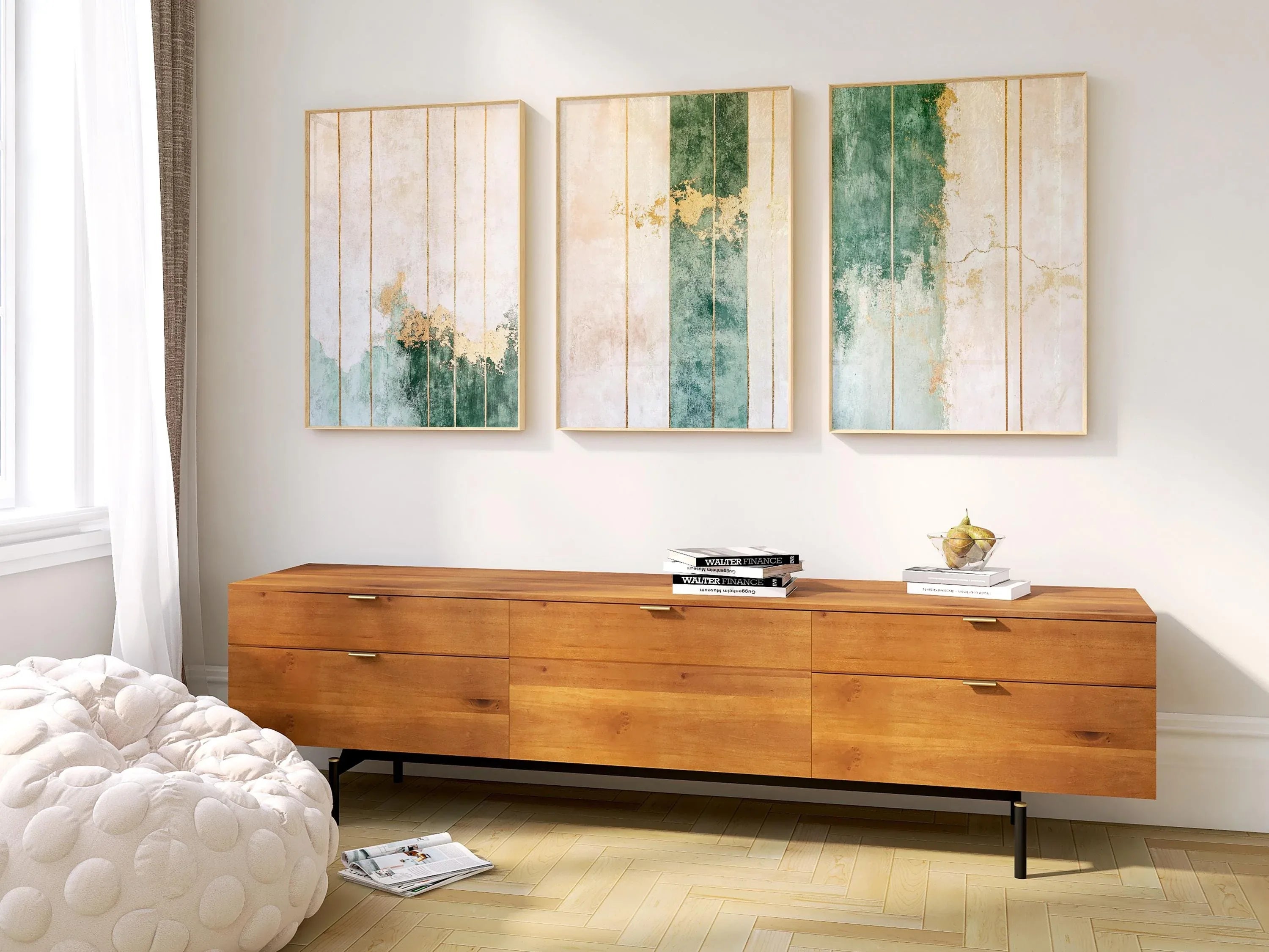 Green and gold abstract wall art set of 3 – vertical stripe design with texture