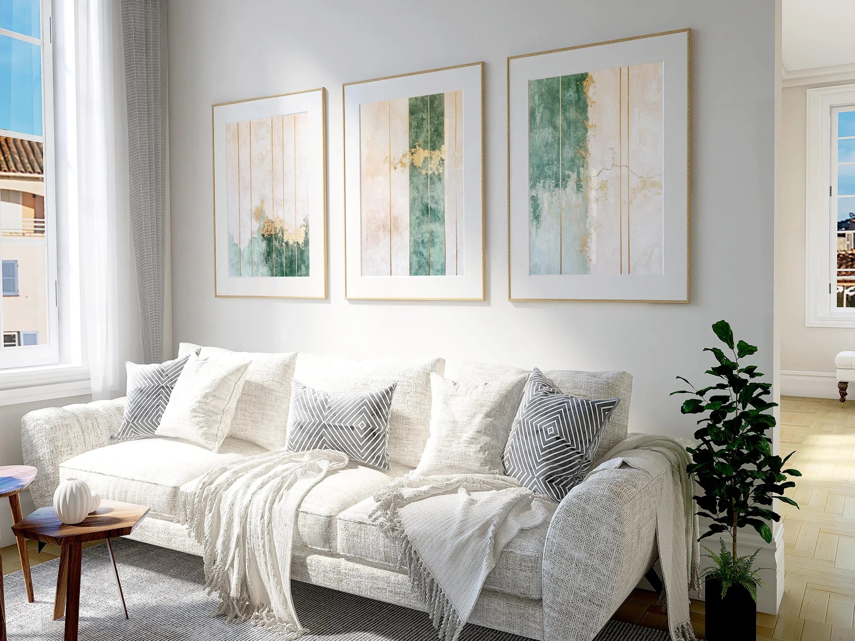 Green and gold abstract wall art set of 3 – vertical stripe design with texture