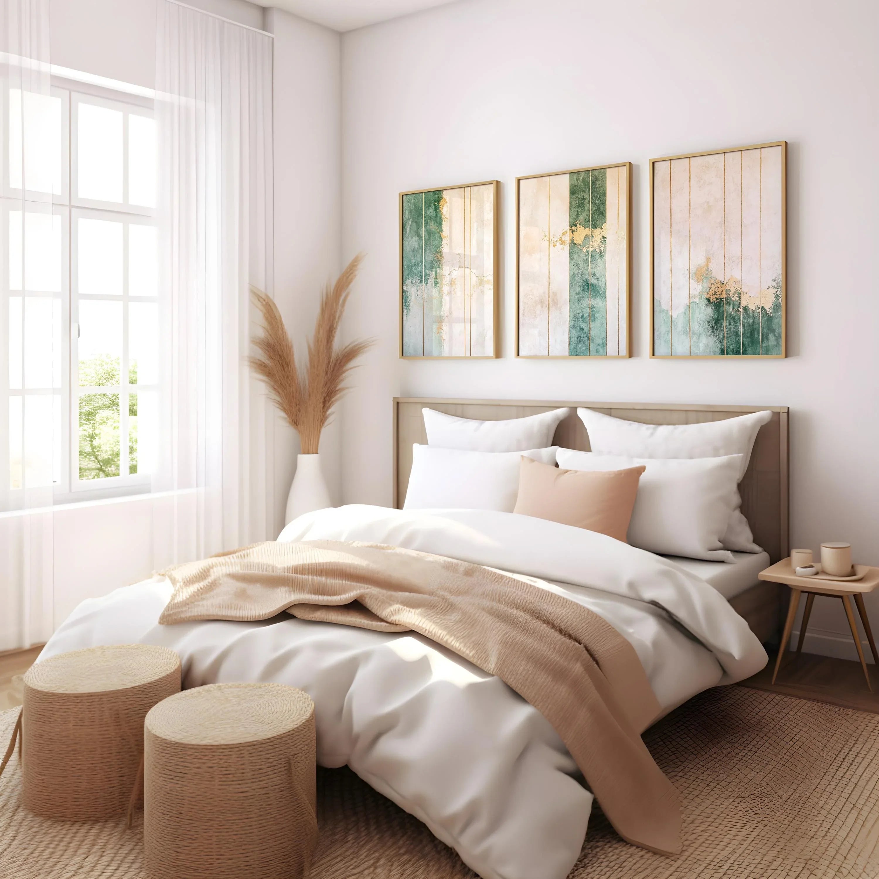 Green and gold abstract wall art set of 3 – vertical stripe design with texture