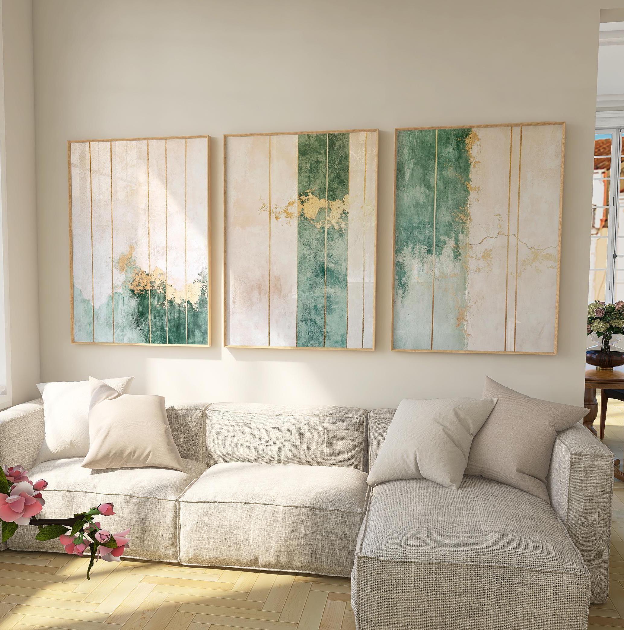 Green and gold abstract wall art set of 3 – vertical stripe design with texture