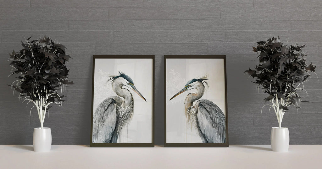 Heron wall art – two majestic great blue herons in soft watercolour tones