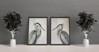 Heron wall art – two majestic great blue herons in soft watercolour tones