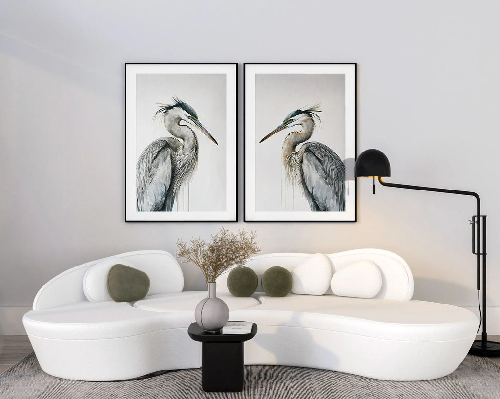Heron wall art – two majestic great blue herons in soft watercolour tones