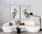 Heron wall art – two majestic great blue herons in soft watercolour tones