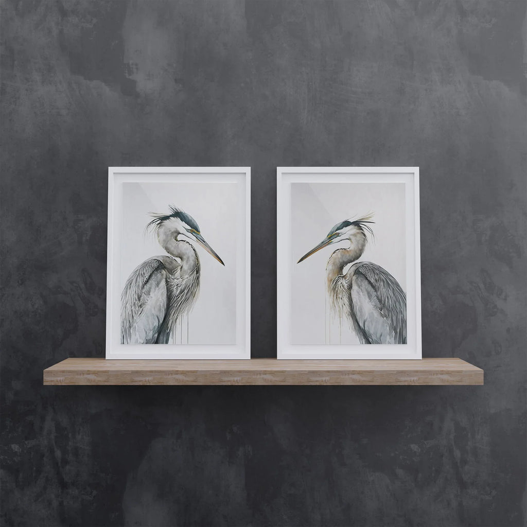 Heron wall art – two majestic great blue herons in soft watercolour tones