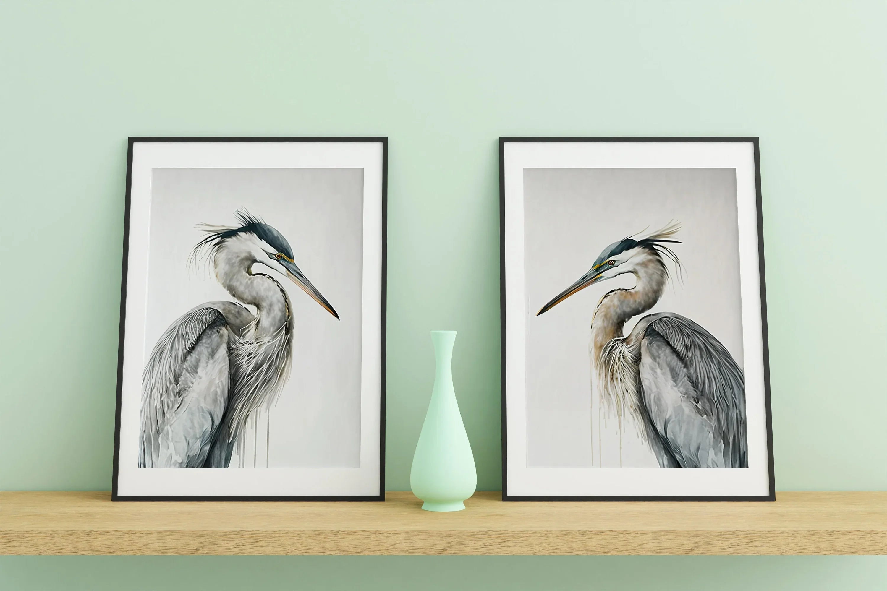 Heron wall art – two majestic great blue herons in soft watercolour tones