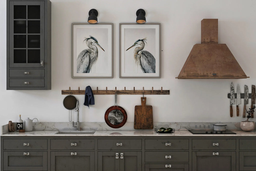 Heron wall art – two majestic great blue herons in soft watercolour tones