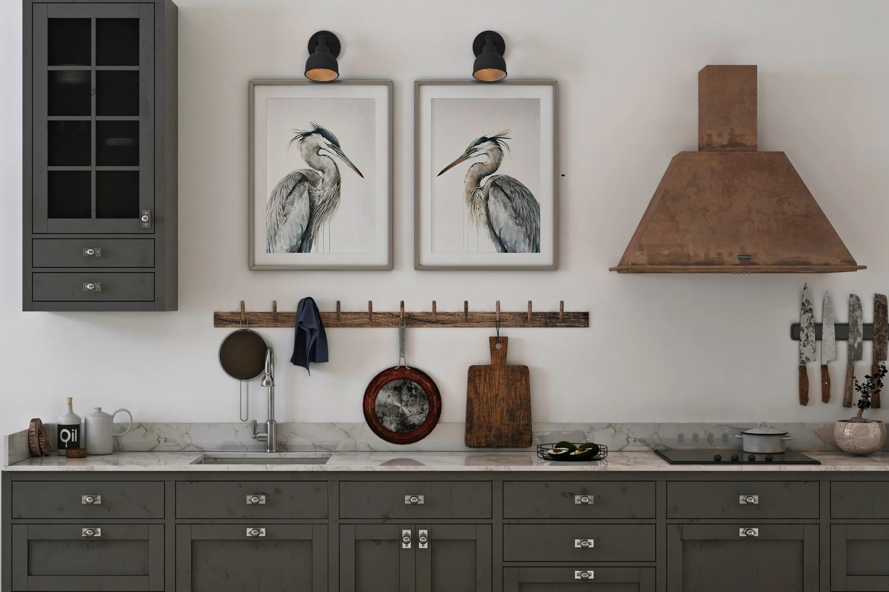 Heron wall art – two majestic great blue herons in soft watercolour tones