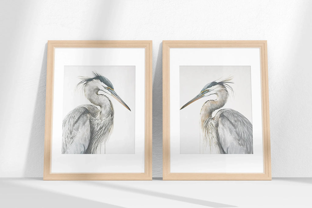 Heron wall art – two majestic great blue herons in soft watercolour tones