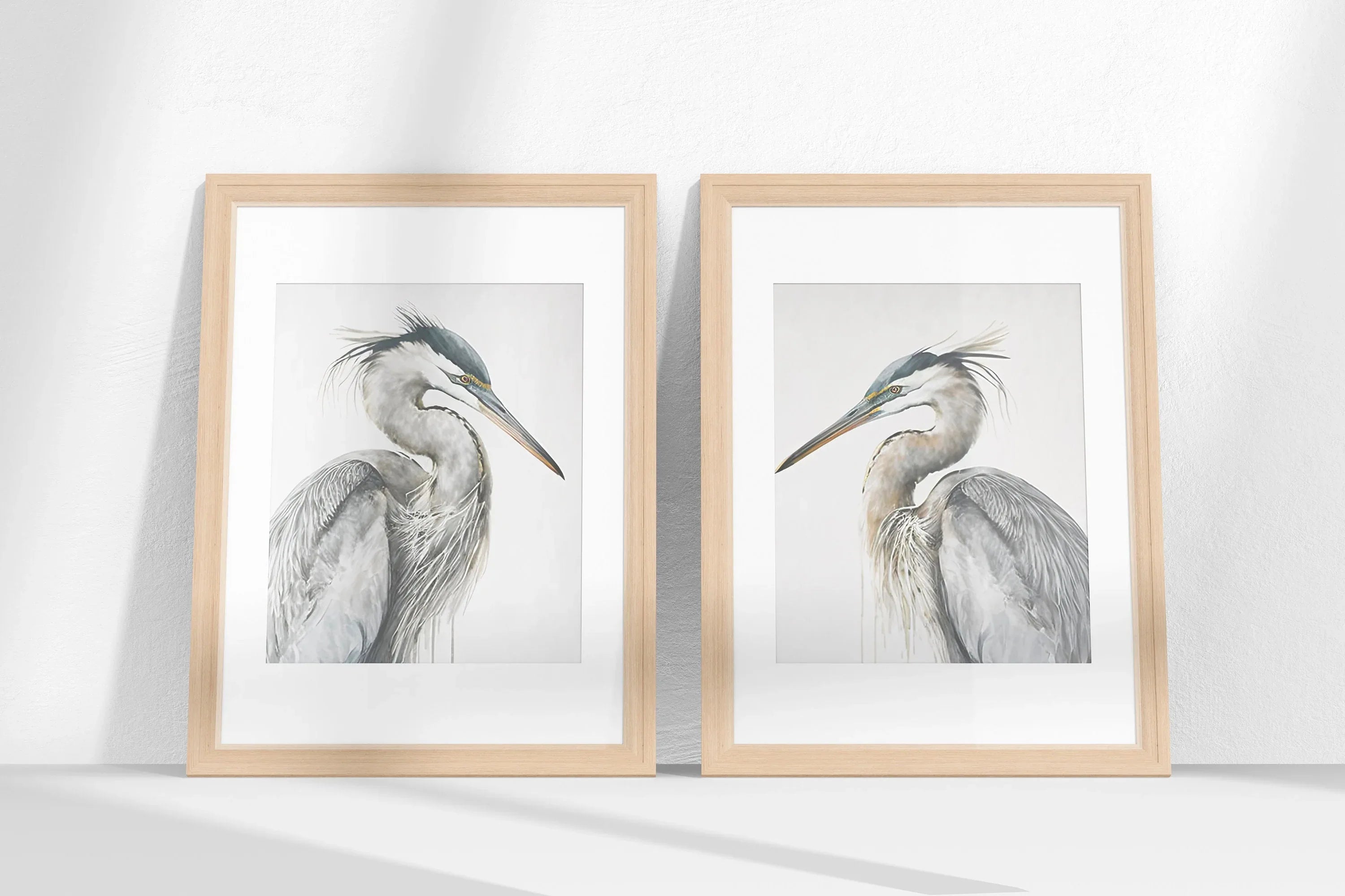 Heron wall art – two majestic great blue herons in soft watercolour tones