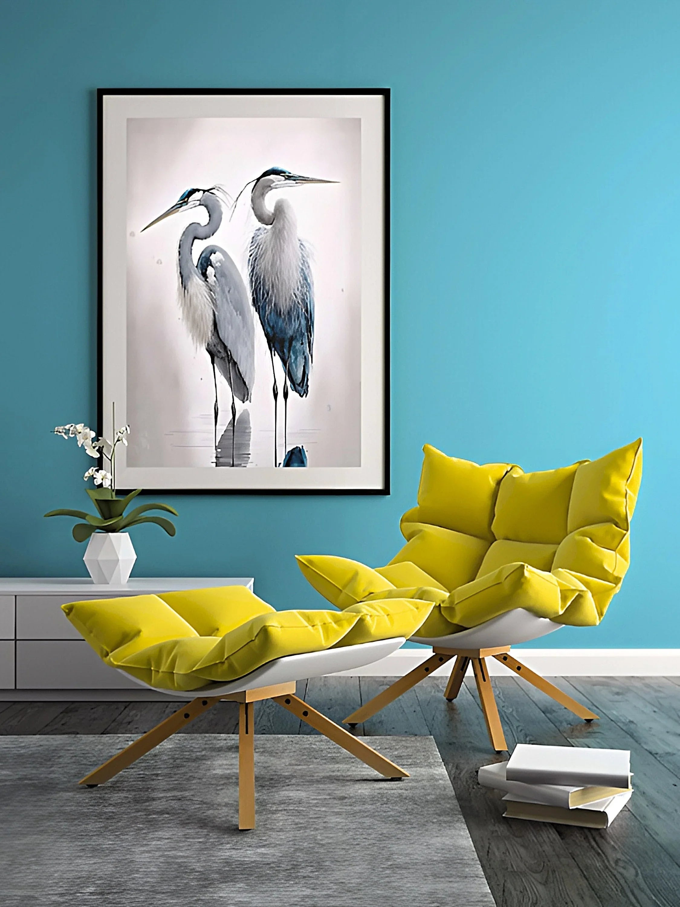 Heron wall art – two elegant herons in teal and blue coastal nature scene