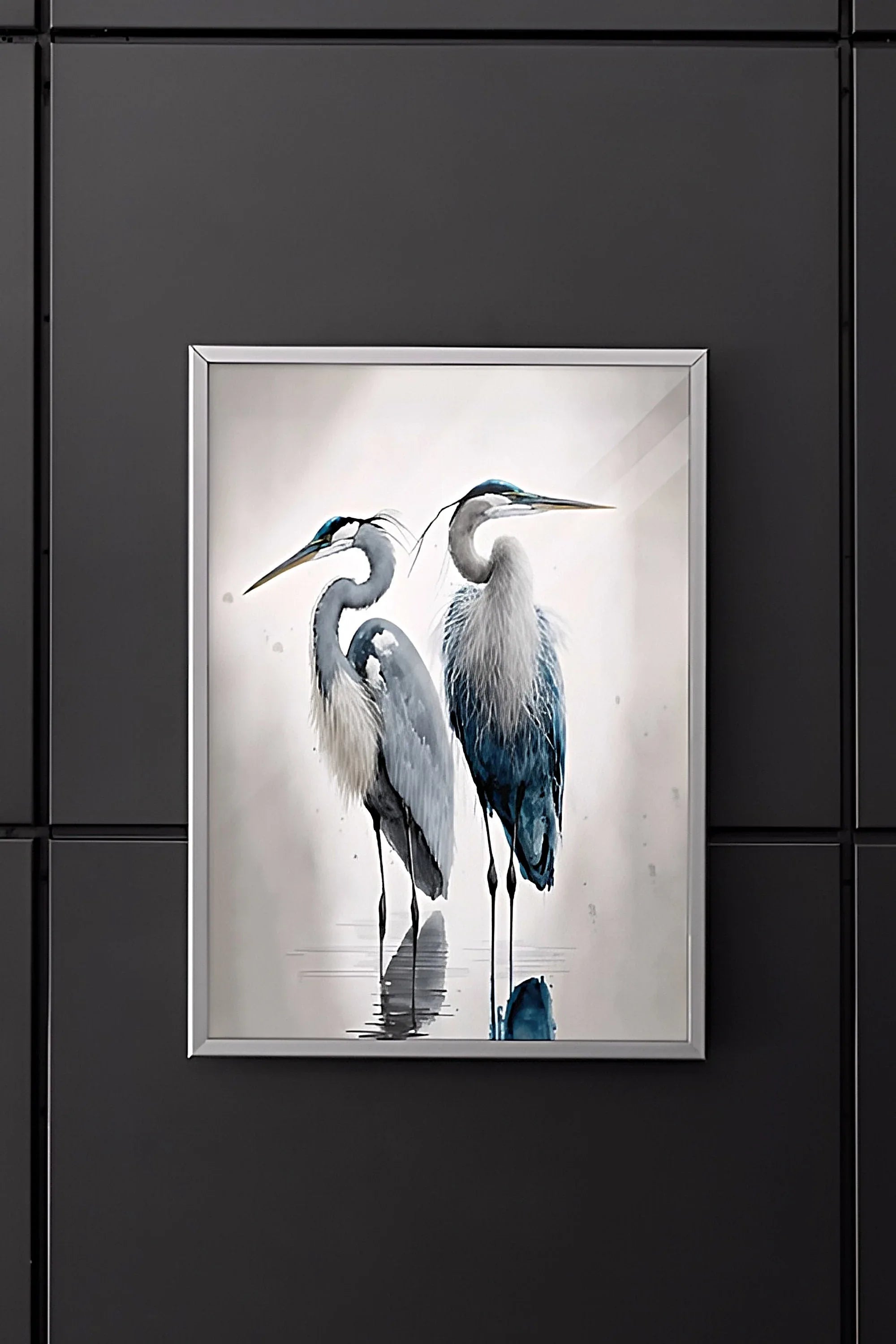 Heron wall art – two elegant herons in teal and blue coastal nature scene